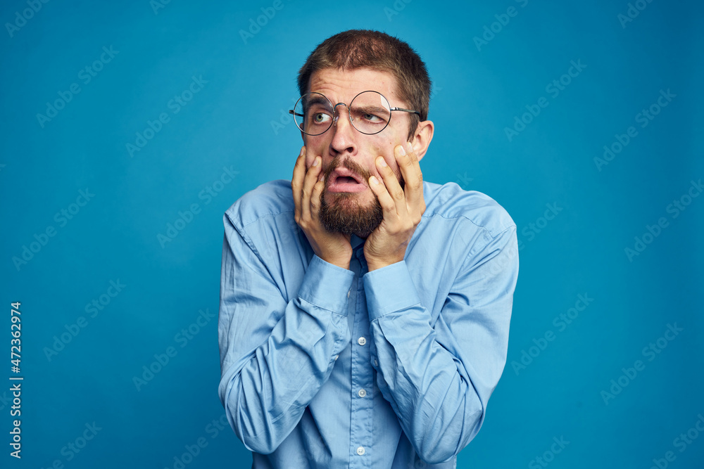 business man with glasses emotions blue background business man with glasses emotions blue background