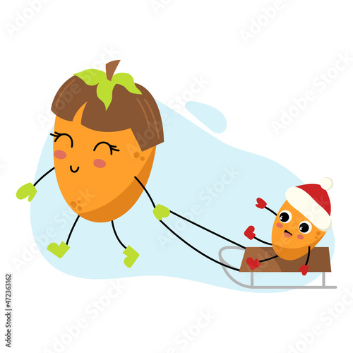 Persimmon character. Mom rides her son on a sled. Cute cartoon winter mascots. Funny clipart for Christmas and New Year design. Kawaii sweet fruit. Active rest on vacation. Winter fun and games.