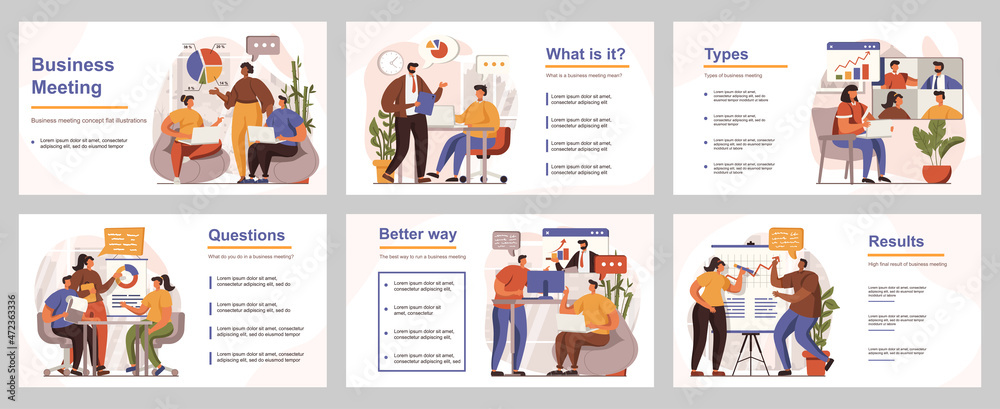 Business meeting concept for presentation slide template. People discuss at conference, make reports, team brainstorming, employees management. Vector illustration with flat persons for layout design