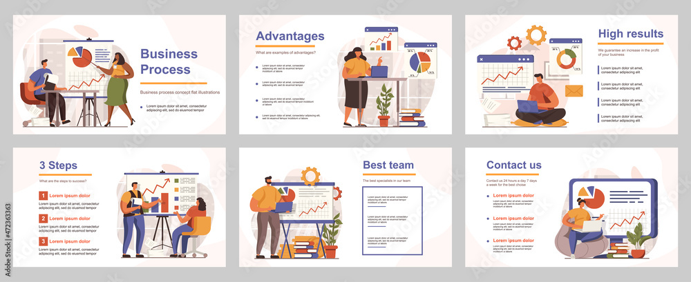 Business process concept for presentation slide template. People analyze data, create success strategy, colleagues collaborate and leadership. Vector illustration with flat persons for layout design