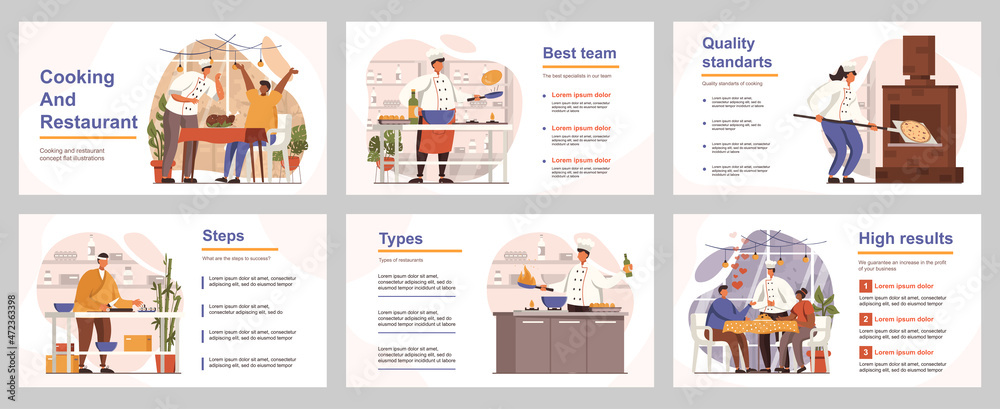 Cooking and restaurant concept for presentation slide template. People work in kitchen, chefs cook pizza or meals, waiters serve to customers. Vector illustration with flat persons for layout design