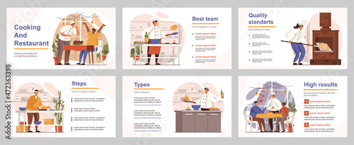 Cooking and restaurant concept for presentation slide template. People work in kitchen, chefs cook pizza or meals, waiters serve to customers. Vector illustration with flat persons for layout design