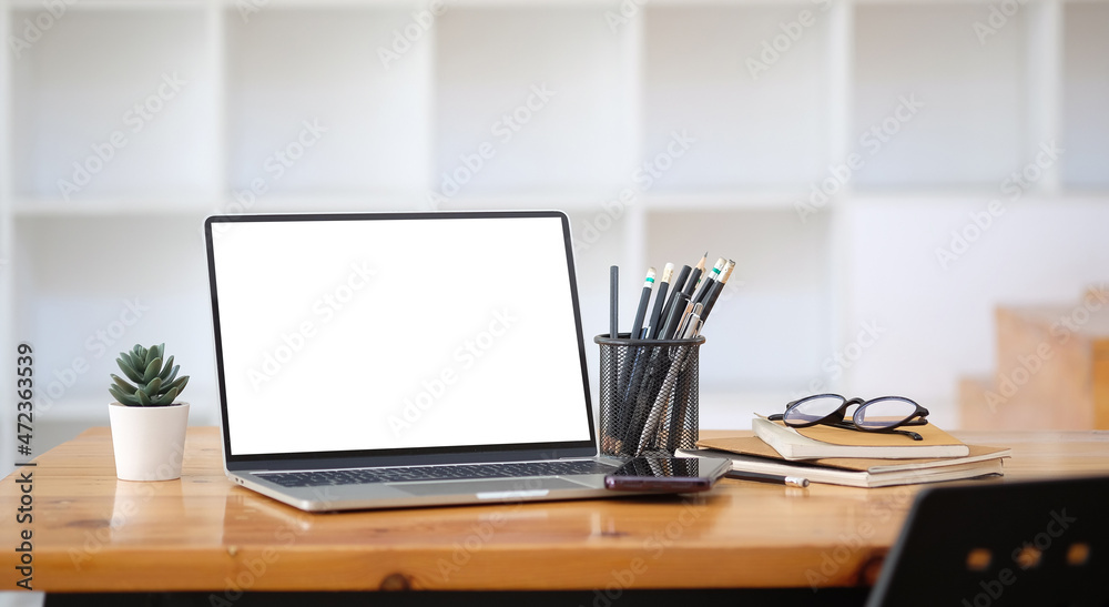 custom made wallpaper toronto digitalComputer laptop, cactus, pencil holder and books on wooden table.