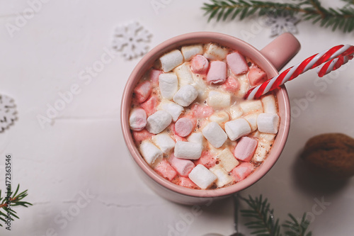 Christmas hot drinks. winter cocoa with marshmallows and spruce branches on a white background