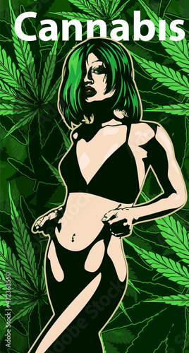 Doodle with girl smoked marijuana joint. Magic hair, cannabis leafs