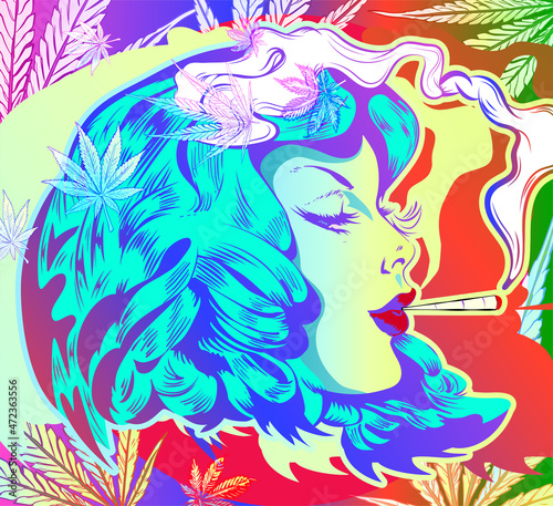 Doodle with girl smoked marijuana joint. Magic hair  cannabis leafs