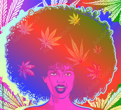 Fototapeta Naklejka Na Ścianę i Meble -  Afro hair woman and cannabis magic background