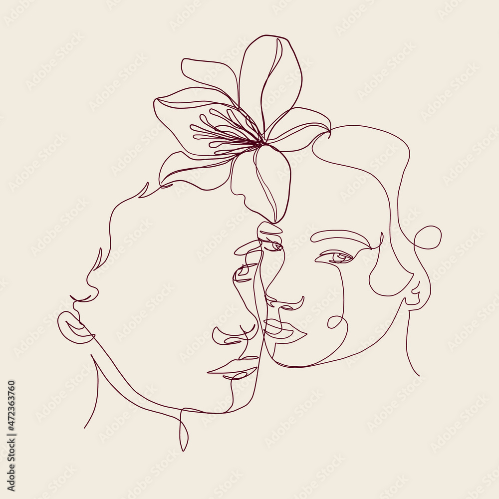 One continuous line portrait of woman with flower. Hand drawn linear face. Abstract minimalism style. Beauty and fashion. Vector decoration design for card, t-shirt, tattoo, poster. One continuous line portrait of woman with flower. Hand drawn linear face. Abstract minimalism style. Beauty and fashion. Vector decoration design for card, t-shirt, tattoo, poster.