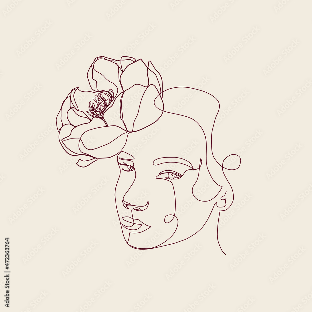 One Continuous Line Woman Portrait With Flower And Butterfly. Minimalism Trendy Style. Hand Drawn Vector Illustration. One Continuous Line Woman Portrait With Flower And Butterfly. Minimalism Trendy Style. Hand Drawn Vector Illustration.