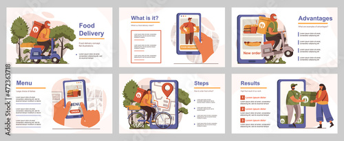 Food delivery concept for presentation slide template. People making online order and tracking at app, couriers carry parcels to customers. Vector illustration with flat persons for layout design