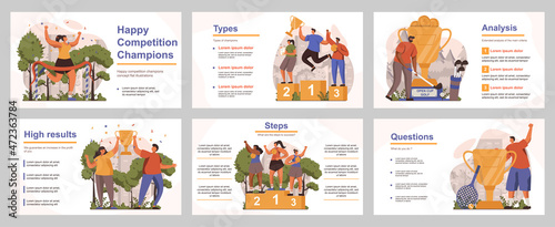 Happy competition champions concept for presentation slide template. People athletes winning first places, receive trophies and celebrate. Vector illustration with flat persons for layout design