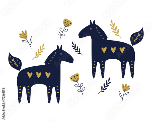 Greeting card with silhouette of two horses in Scandinavian naive style