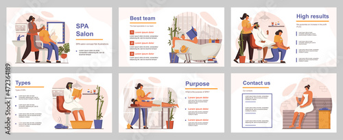 Spa salon concept for presentation slide template. People receive body massages, facial masks at beautician and other treatments for face skin. Vector illustration with flat persons for layout design