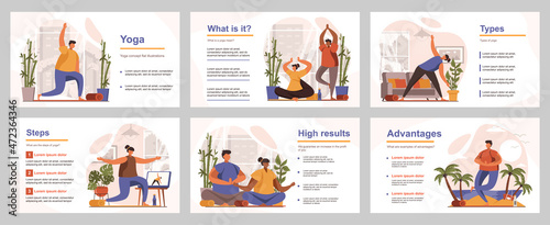 Yoga training concept for presentation slide template. People perform yoga asanas, relaxing and meditation, wellness and healthy lifestyle. Vector illustration with flat persons for layout design
