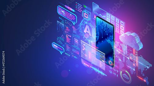 Mobile technology isometric concept. Phone communication with internet services all over world. AI, big data, cloud computing, neural networks in smartphone. Phone app development. Digital technology
