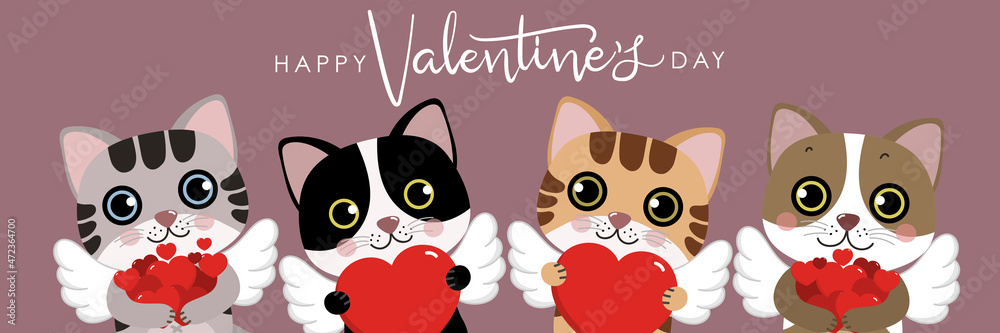 Cute cats with little cupid wings and red heart. Happy Valentine's Day greeting card. Animal cartoon character in love holidays. Cute cats with little cupid wings and red heart. Happy Valentine's Day greeting card. Animal cartoon character in love holidays.