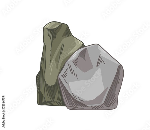 Big rocks formations. Heavy solid boulders. Rough bowlders composition. Mountain rubbles drawing. Large stone blocks. Realistic hand-drawn vector illustration isolated on white background photo