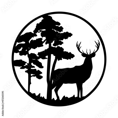 Black silhouette of deer standing among the trees on grass. Vector illustration of forest with pine tree in circle. Round sign deer hunting isolated on white background