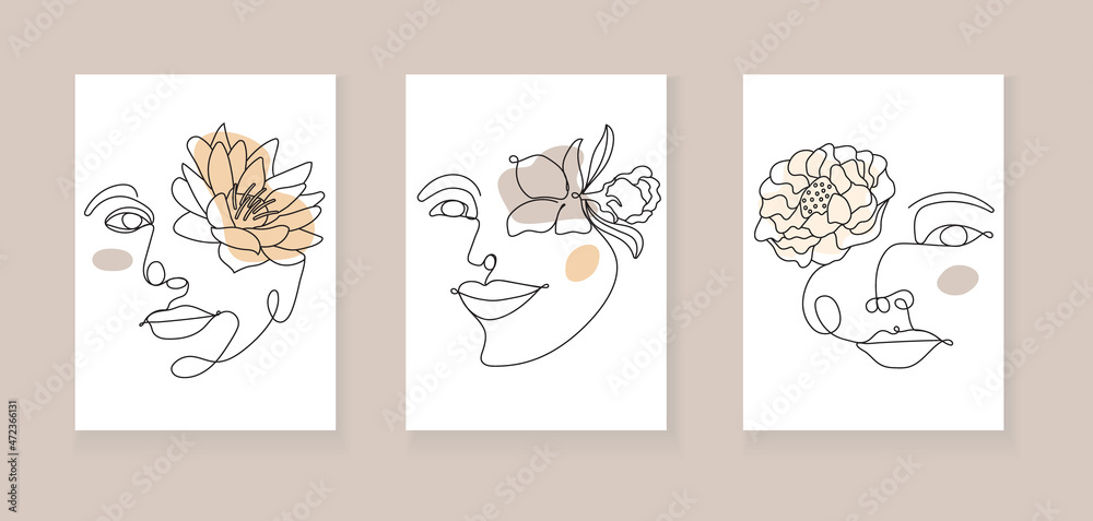 Boho women face vector set. Surreal portrait, girl face with lotus, chrysanthemum, lily flowers in continuous line style.