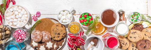 Christmas hot chocolate party bar, winter cocoa buffet with a lot of hot chocola Fotobehang
