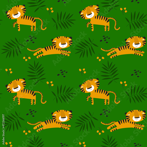 Print. Vector seamless tropical background with tiger. Cartoon tiger. African animal. Fabric for children. Safari. Summer green background.