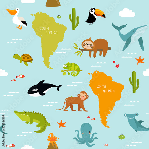 Print. Vector background South America with cartoon animals. Whale, killer whale, monkey, crocodile, toucan, sloth, toucan, pelican. Can be printed on fabric.