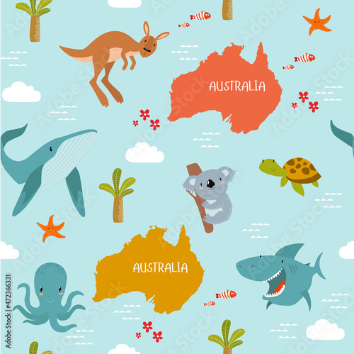 Print. Vector background Australia with cartoon animals. Keith, kangaroo, koala, turtle, fish photo