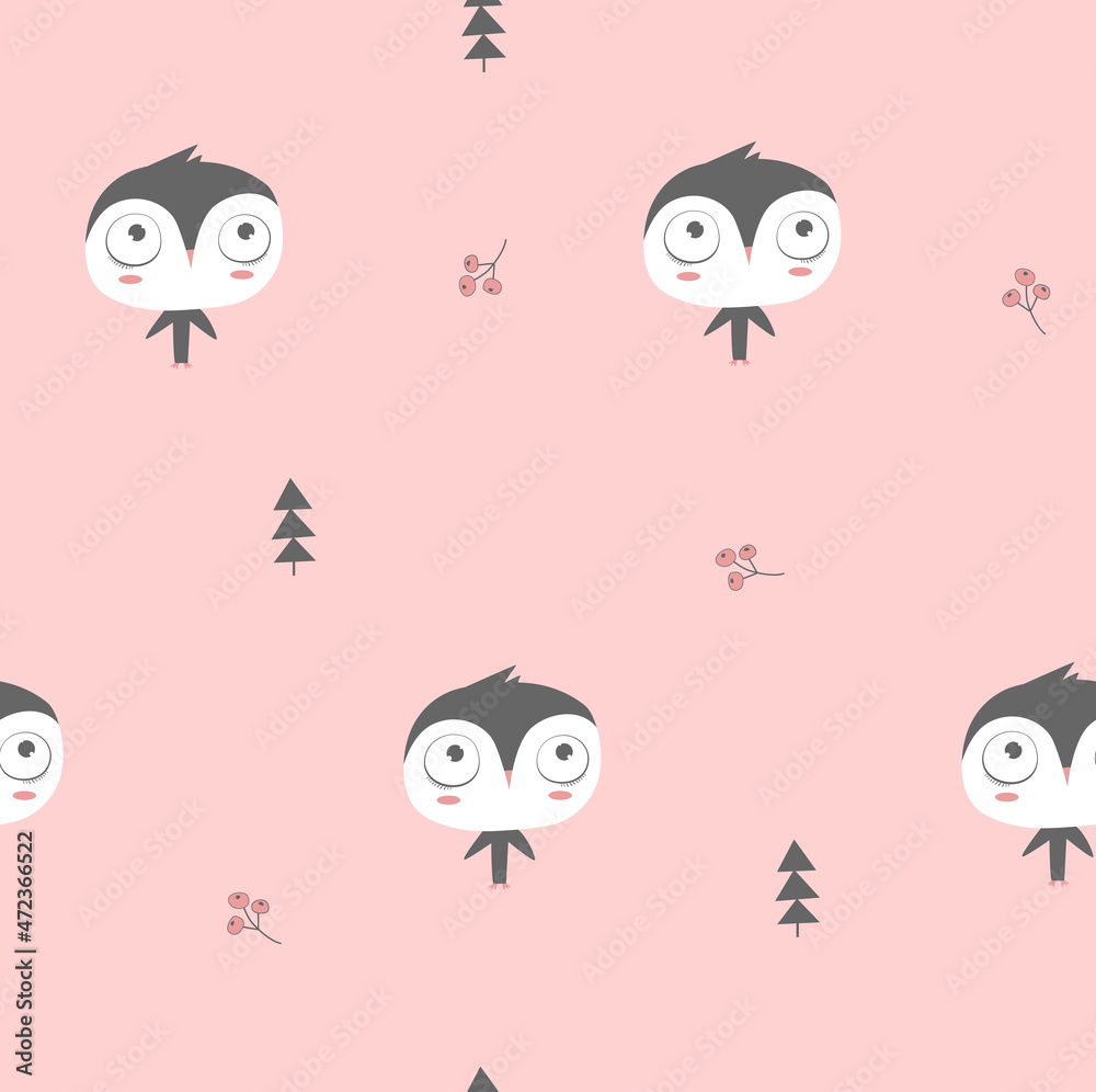 Print. Pink vector seamless background with cute owls. Forest background with cartoon owls. Can be printed on fabric. Print. Pink vector seamless background with cute owls. Forest background with cartoon owls. Can be printed on fabric.