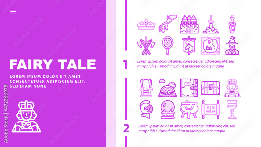 Fairy Tale Story Medieval Book Landing Web Page Header Banner Template Vector. Castle And Knight Armour Equipment, Magician And Witch Fairy Tale Character, Magic Mirror And Glass Sphere, Illustration Fairy Tale Story Medieval Book Landing Web Page Header Banner Template Vector. Castle And Knight Armour Equipment, Magician And Witch Fairy Tale Character, Magic Mirror And Glass Sphere, Illustration