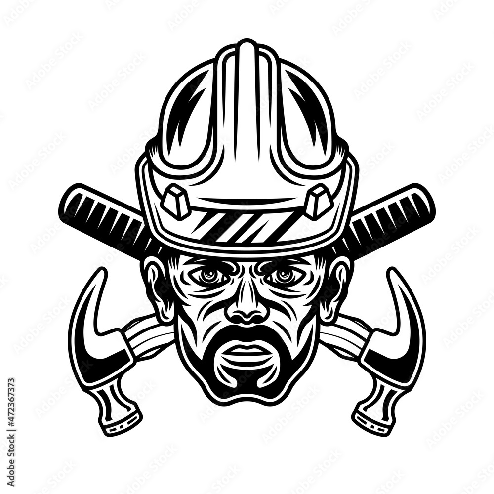Worker man with bristle in hard hat and two crossed hammers vector ...