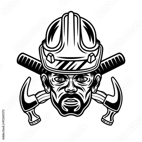 Worker man with bristle in hard hat and two crossed hammers vector illustration in monochrome vintage style isolated on white background
