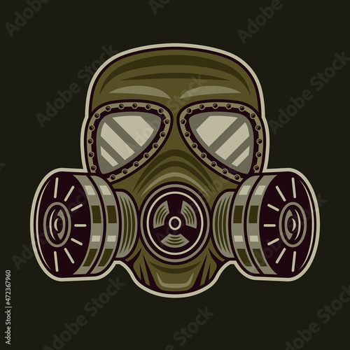 Gas mask or respirator with double filter vector colored illustration on dark background