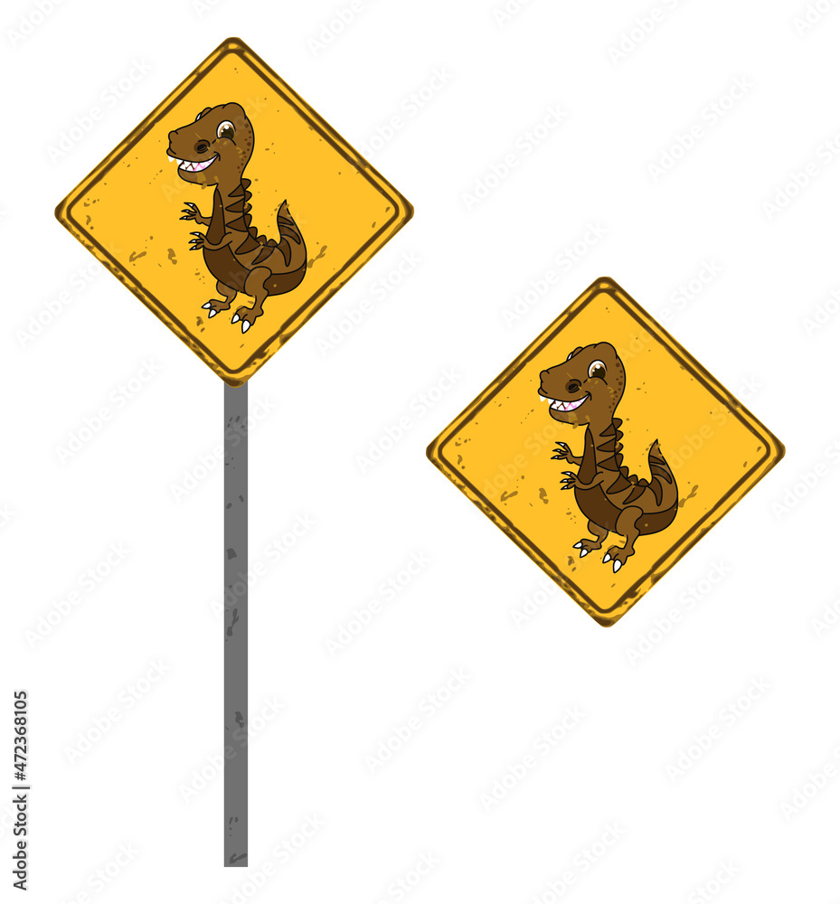 Square road sign of a brown tyrannosaurus dinosaur with sharp teeth Square road sign of a brown tyrannosaurus dinosaur with sharp teeth