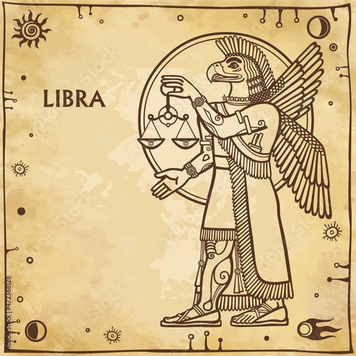 Zodiac sign Libra. Drawing based on motives of Sumerian art. Full growth. Background - imitation of old paper, space symbols. The place for the text. Vector illustration.