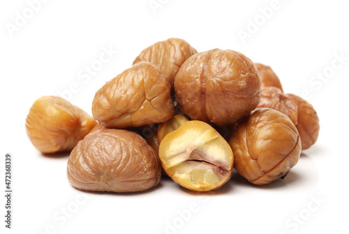 chinese food, peeled roasted chestnut on white background