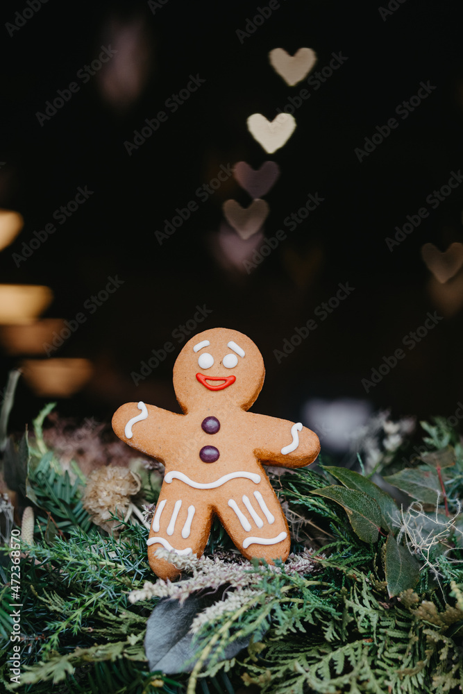 Festive Christmas composition of gingerbread cookies in the shape of a man. Xmas Background