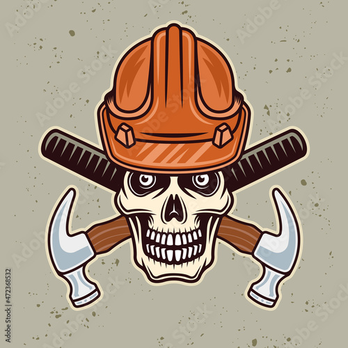 Skull in worker hard hat and two crossed hammers vector illustration in colorful cartoon style isolated on light background