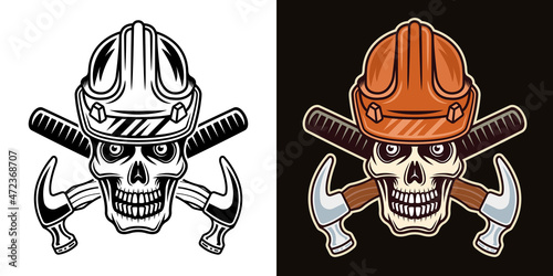 Skull in worker hard hat and two crossed hammers vector illustration in two styles black on white and colorful on dark background