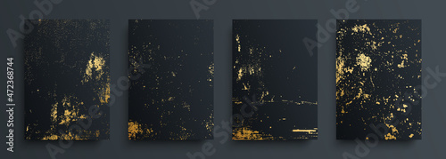 Set of gold grunge textures. Golden, grain, dirty, grungy effect for your design. Festive luxury covers collection. Vector illustration.	