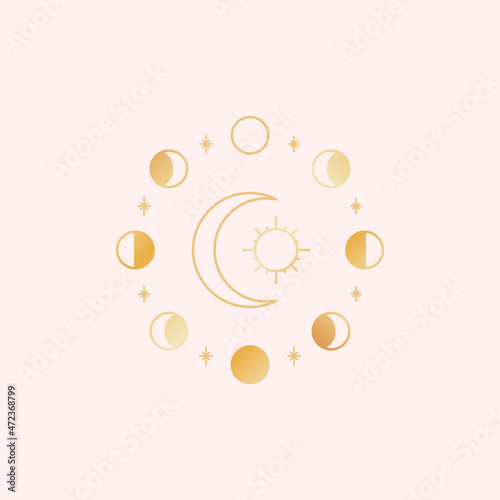 Gold Moon phases. Sun and moon tarot design. Golden icon vector illustration.