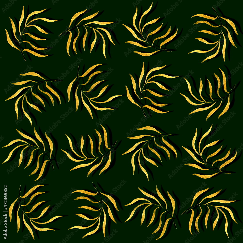 Elegant seamless pattern for textile and wallpaper. Golden autumn leaves on a dark green background. Watercolor hand drawn elements. Branches with leaves. Elegant seamless pattern for textile and wallpaper. Golden autumn leaves on a dark green background. Watercolor hand drawn elements. Branches with leaves.