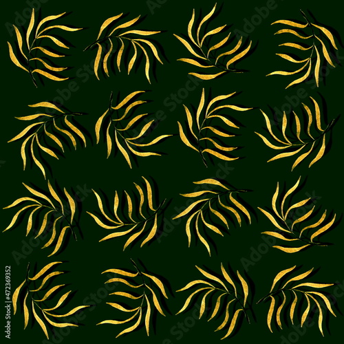 Elegant seamless pattern for textile and wallpaper. Golden autumn leaves on a dark green background. Watercolor hand drawn elements. Branches with leaves.
