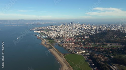 Aerial drone view towards the San Francisco skyline, in sunny California, USA photo