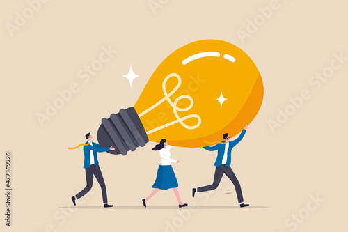 Innovation idea to drive team success, business innovative solution, community or invention help company achieve goal concept, business people teamwork help carry big smart lightbulb innovation idea.