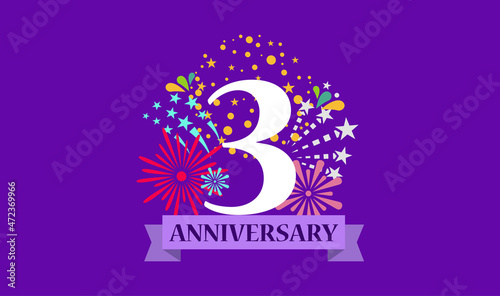 3rd year anniversary . Anniversary banner with fireworks.