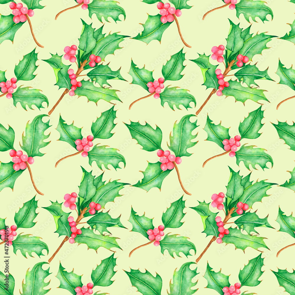 Watercolor seamless holly pattern isolated on yellow background.Perfect for fabrics,textile,wrapping paper,package design.