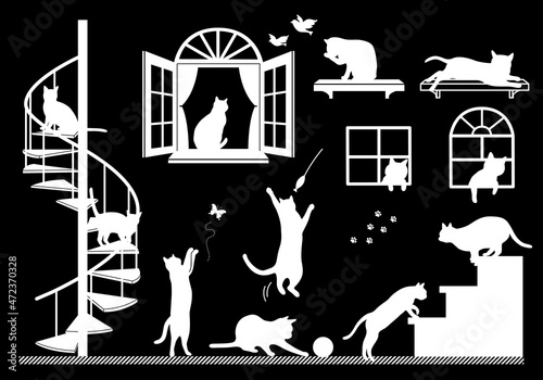Cat Silhouette Interior Scene Illustration