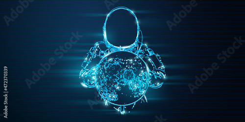 Neon astronaut on the blue background of the moon and space line art. Vector illustration