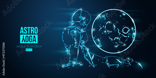 Neon astronaut doing yoga on the blue background of the mars and space. Yoga exercises. Vector illustration