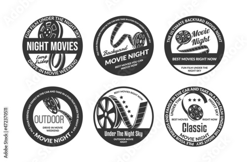 Backyard movie night monochrome logo collection vector illustration. Set outdoor night film strip